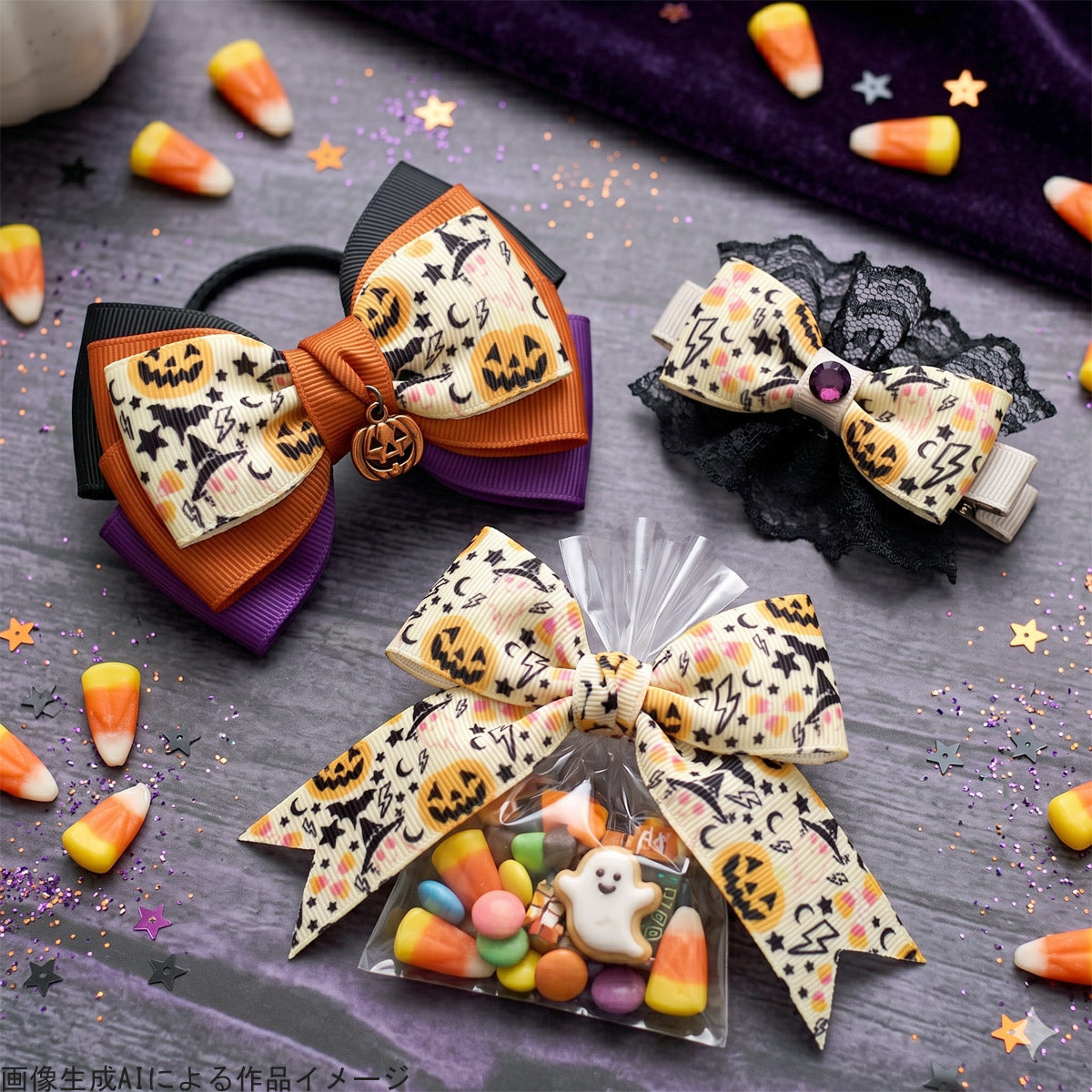 プリントリボンハロウィンポップなオバケと雷の夜リボン幅25mm1m単位切り売り(3m以上)
