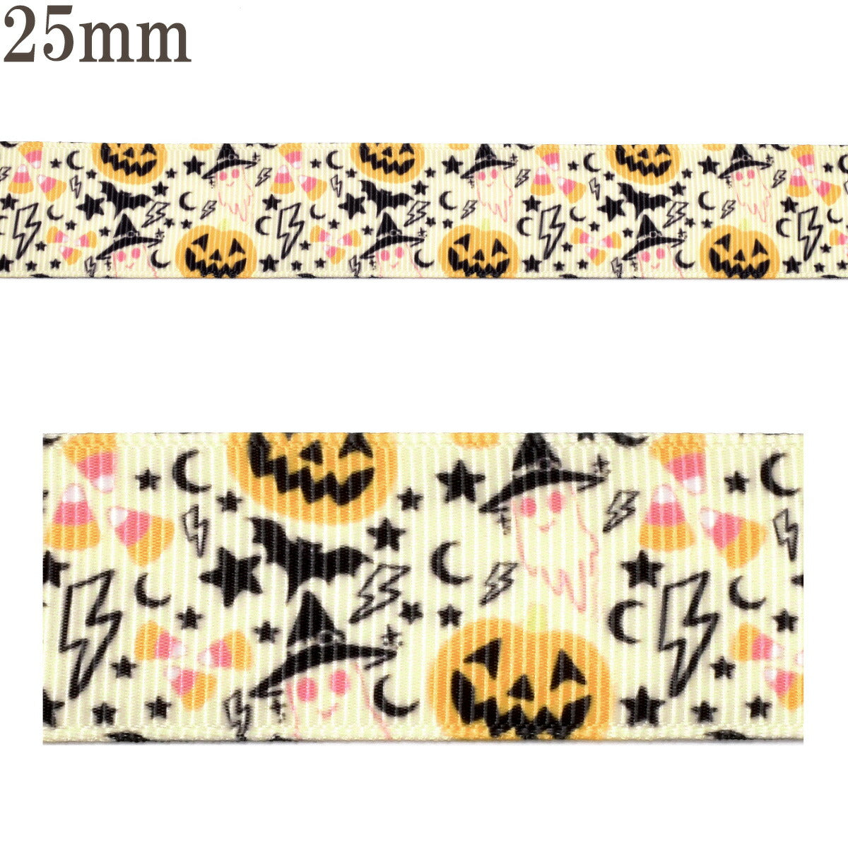 プリントリボンハロウィンポップなオバケと雷の夜リボン幅25mm1m単位切り売り(3m以上)