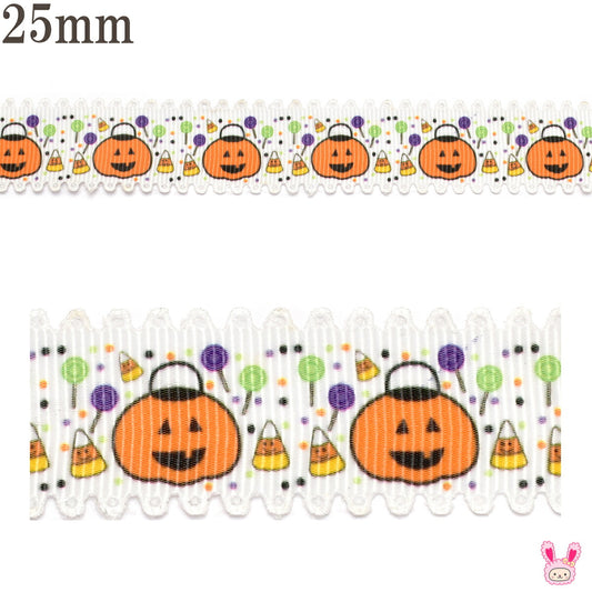 プリントリボンハロウィン型抜きカボチャのキャンディーバスケットリボン幅25mm1m単位切り売り(2m以上)★
