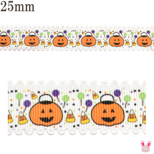 プリントリボンハロウィン型抜きカボチャのキャンディーバスケットリボン幅25mm1m単位切り売り(3m以上)