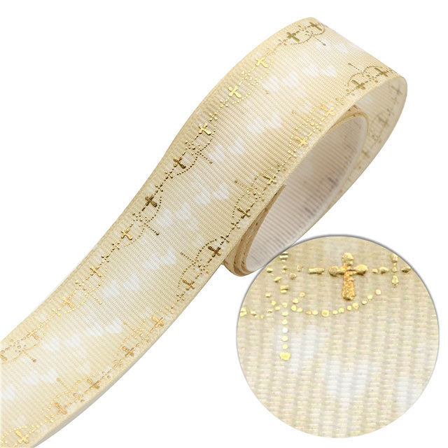 プリントリボンクロスのゴールド箔押しとハートのリボン幅25mm1m単位切り売り(2m以上)