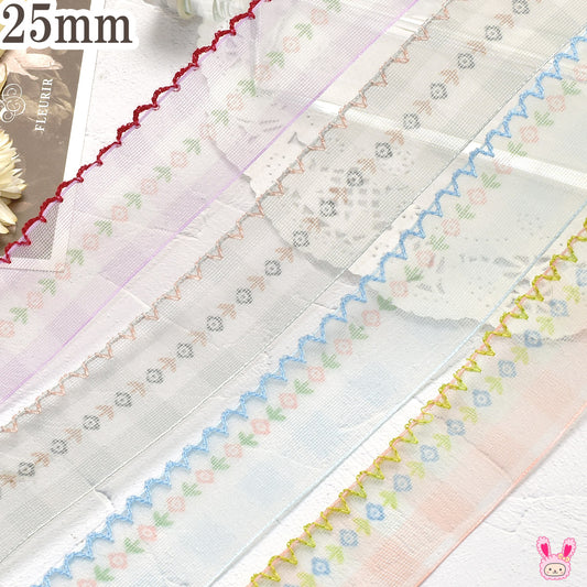 片側スカラップステッチとチェックフラワーリボン幅25mm1m単位切り売り
