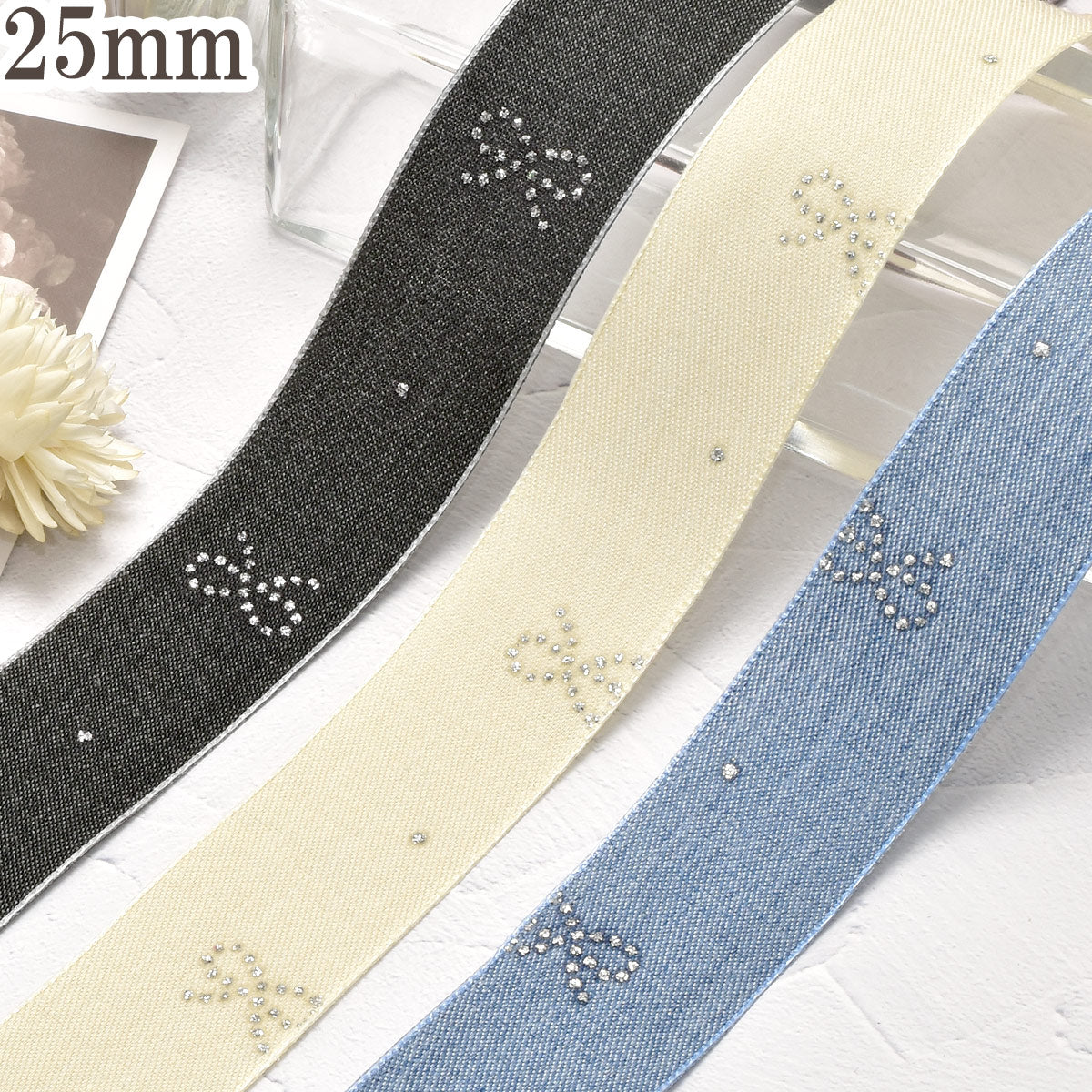 リボン柄シルバーラメ付きデニム風リボン幅25mm1m単位切り売り（2m以上）