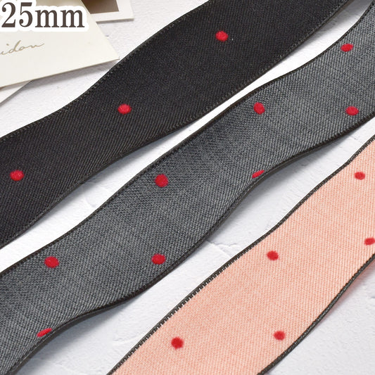 レッドフロッキードットリボン幅25mm1m単位切り売り