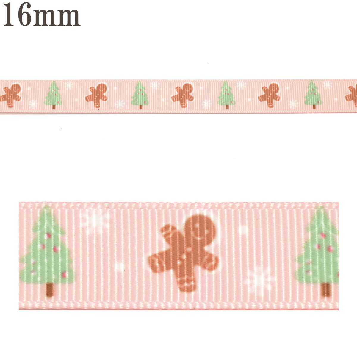 プリントリボンクリスマスツリーとクッキーと雪のピンクリボン幅16mm1m単位切り売り(4m以上)