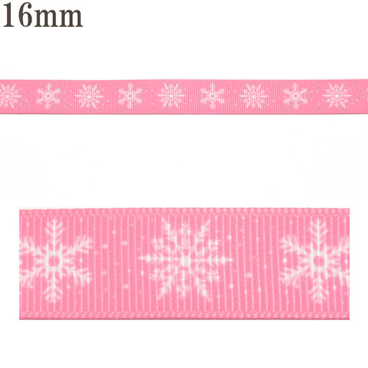 プリントリボンクリスマスホットピンクと雪の結晶リボン幅16mm1m単位切り売り(4m以上)