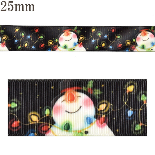 プリントリボンクリスマス雪だるまとイルミネーションリボン幅25mm1m単位切り売り(2m以上)