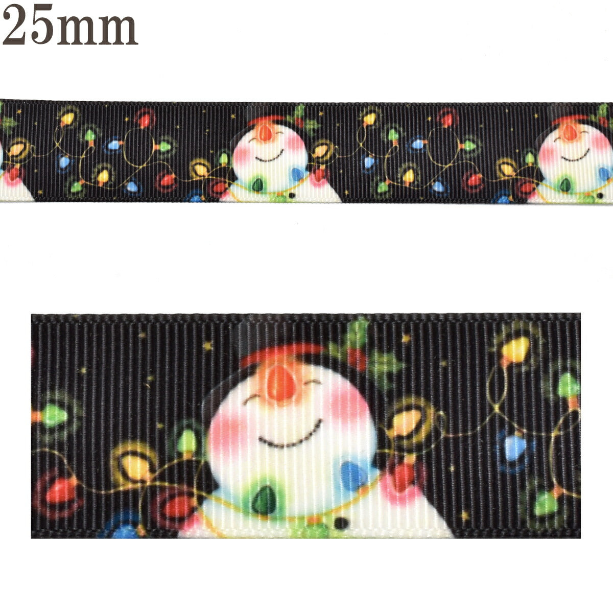 プリントリボンクリスマス雪だるまとイルミネーションリボン幅25mm1m単位切り売り(3m以上)