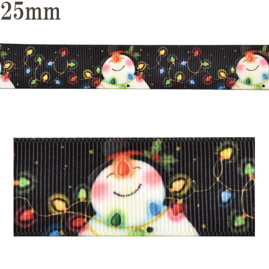 プリントリボンクリスマス雪だるまとイルミネーションリボン幅25mm1m単位切り売り(3m以上)