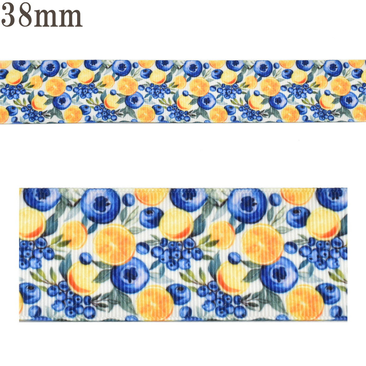 プリントリボンブルーベリーとオレンジリボン幅38mm1m単位切り売り(2m以上)