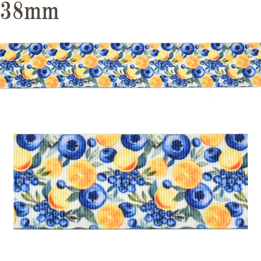 プリントリボンブルーベリーとオレンジリボン幅38mm1m単位切り売り(2m以上)