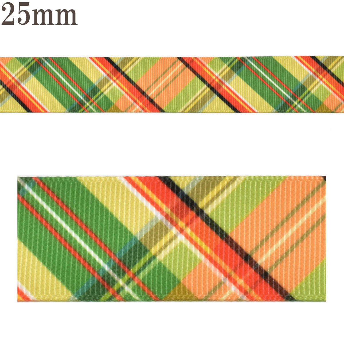 プリントリボングリーンレッドのレトロチェックリボン幅25mm1m単位切り売り(3m以上)