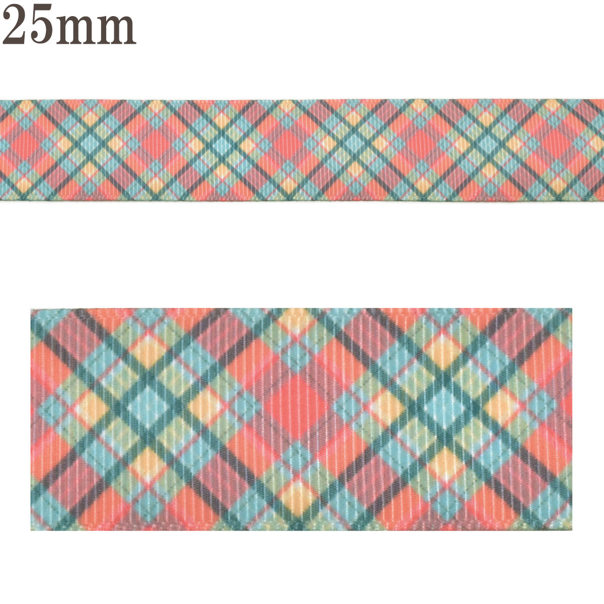 プリントリボンガーリーレトログリッドリボン幅25mm1m単位切り売り(3m以上)