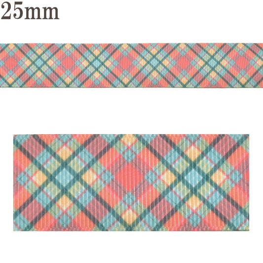 プリントリボンガーリーレトログリッドリボン幅25mm1m単位切り売り(3m以上)