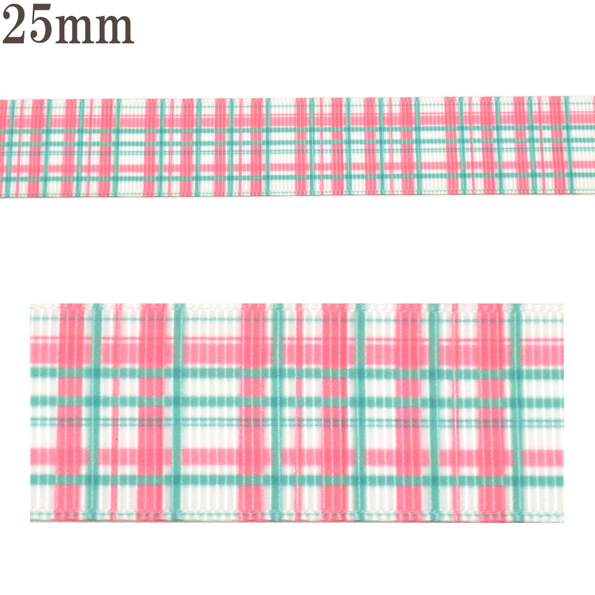プリントリボンピンクグリーンのチェックリボン幅25mm1m単位切り売り(3m以上)