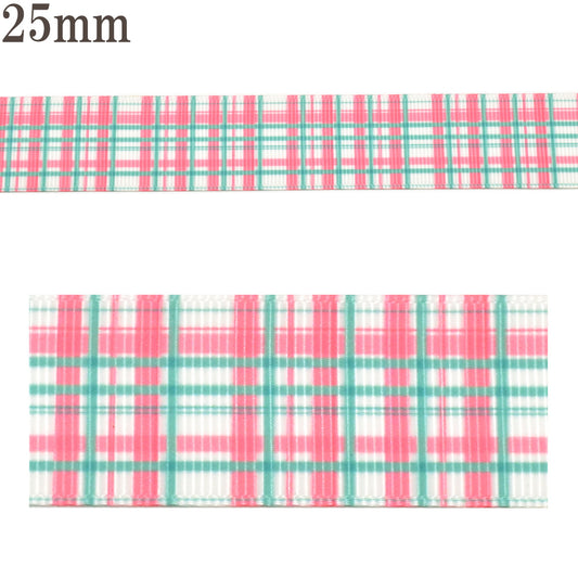 プリントリボンピンクグリーンのチェックリボン幅25mm1m単位切り売り(3m以上)
