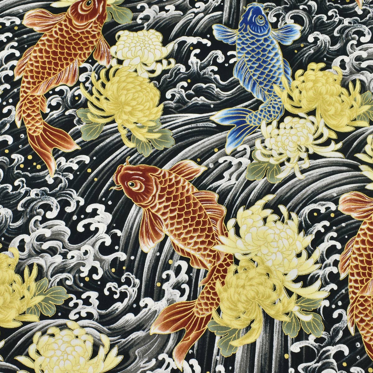 鯉の滝登りと菊　シーチング生地　HR3510-12　コスモ　(30cm以上10cm単位切り売り)　「在庫限り」