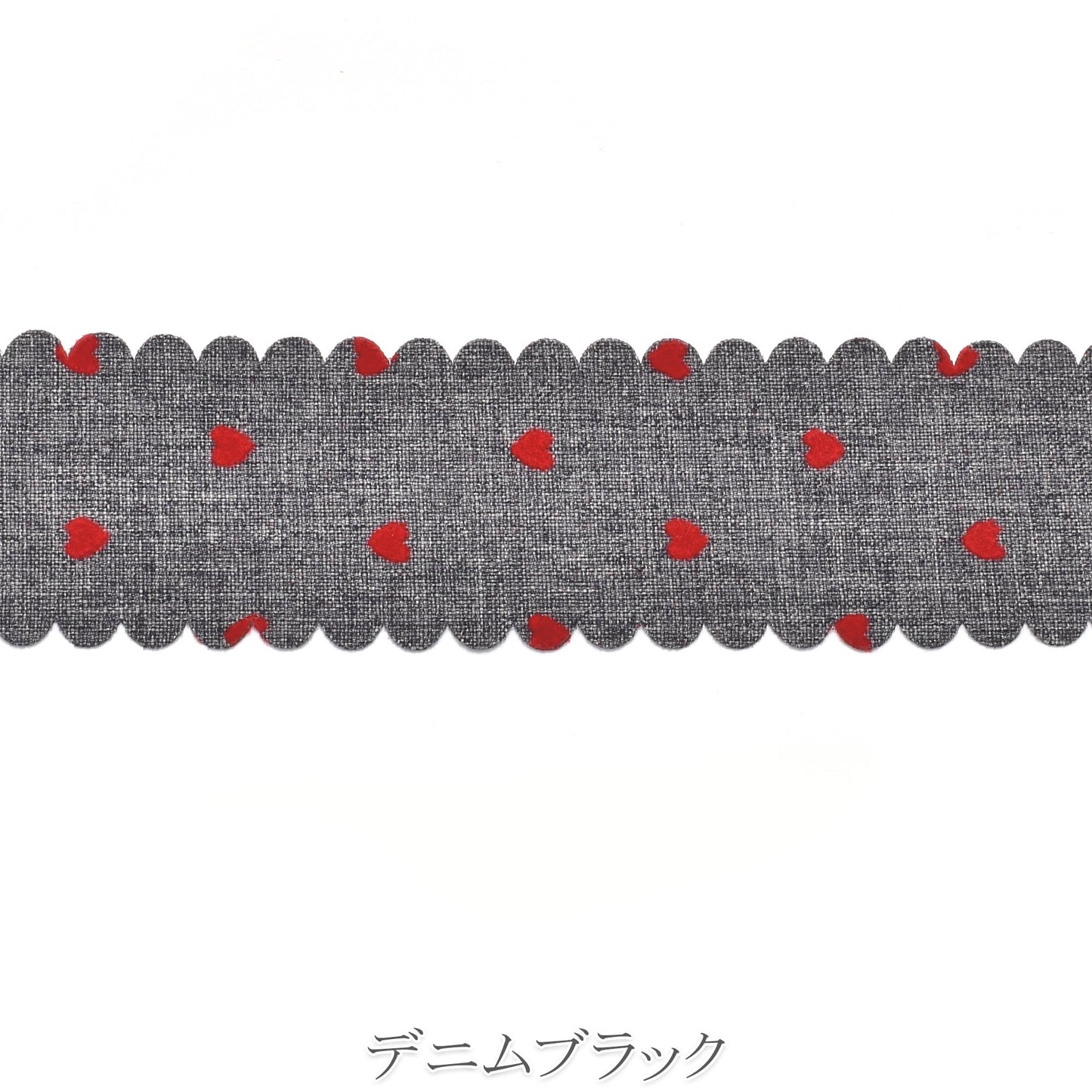 レッドフロッキーハート柄スカラップリボン　幅40mm　ロール巻き　4.3m