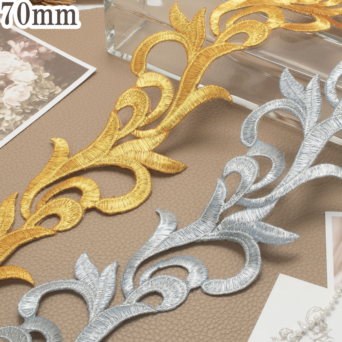 メタリックリーフモチーフ刺繍リボン幅70mm10cm単位切り売り(20cm以上)