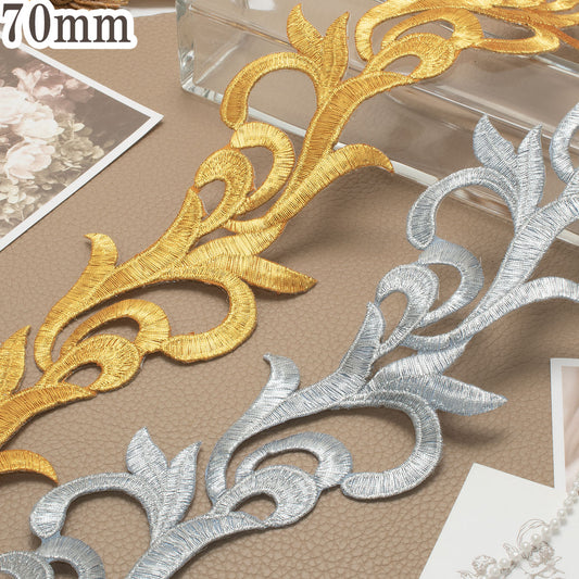 メタリックリーフモチーフ刺繍リボン幅70mm10cm単位切り売り(20cm以上)