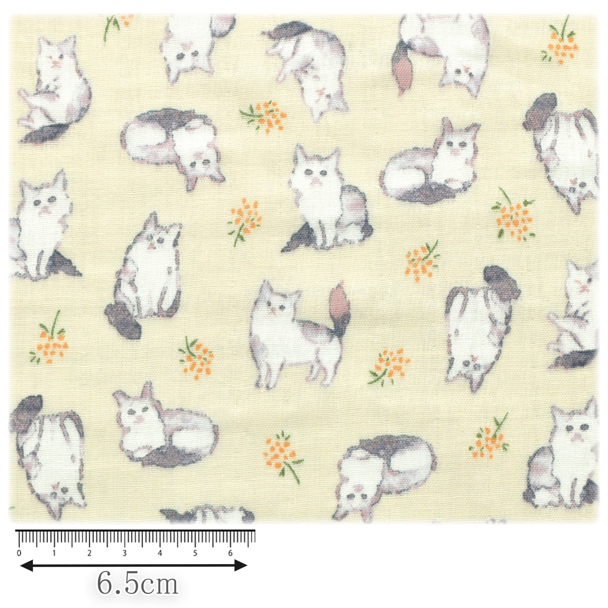 ねことフラワーWガーゼ生地142-1363-A小泉(30cm以上10cm単位切り売り)「在庫限り」