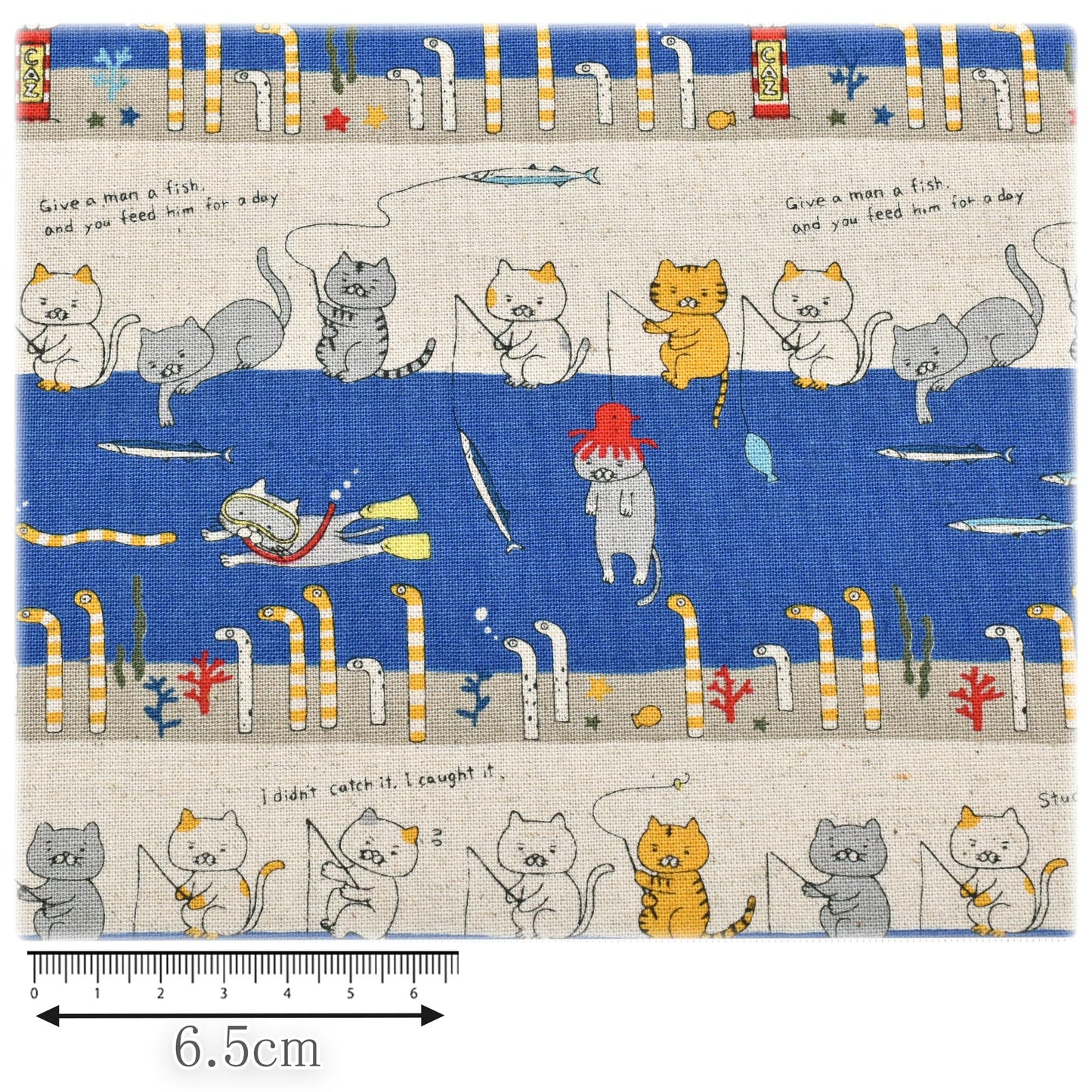 釣り猫とチンアナゴ綿麻キャンバス生地KTS7137コットンこばやし(30cm以上10cm単位切り売り)