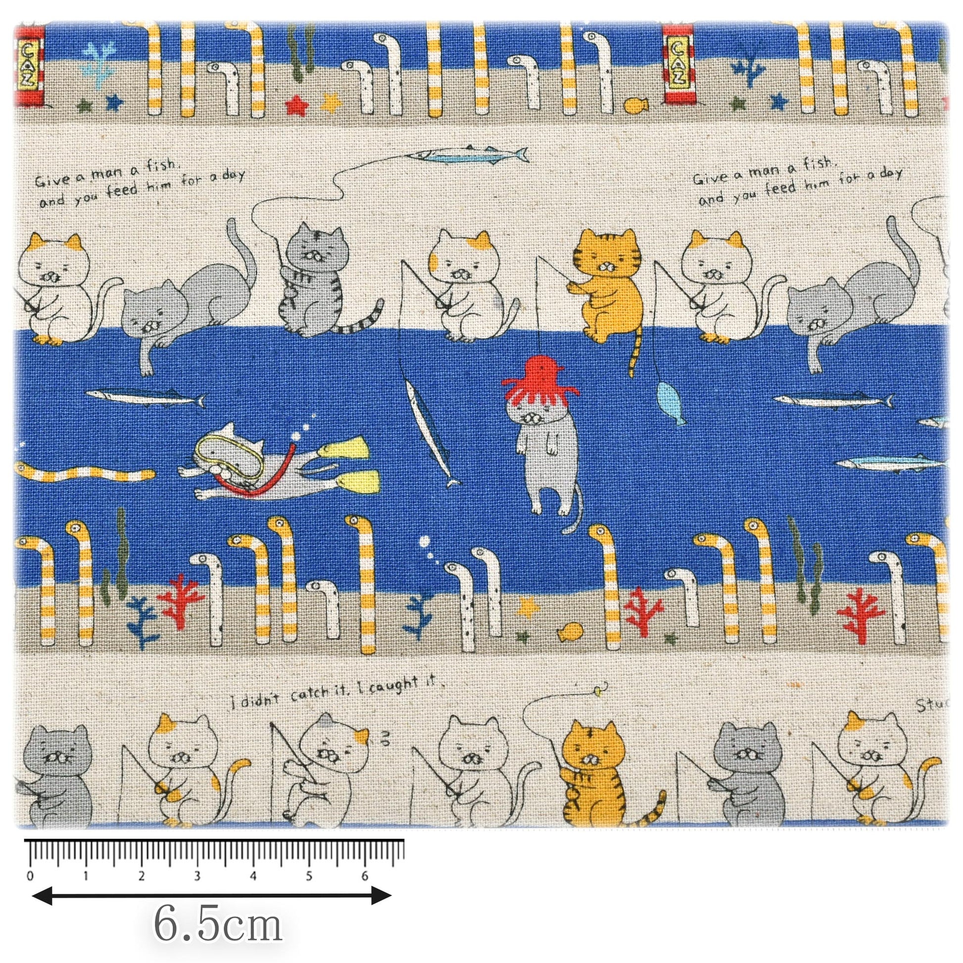 釣り猫とチンアナゴ綿麻キャンバス生地KTS7137コットンこばやし(30cm以上10cm単位切り売り)
