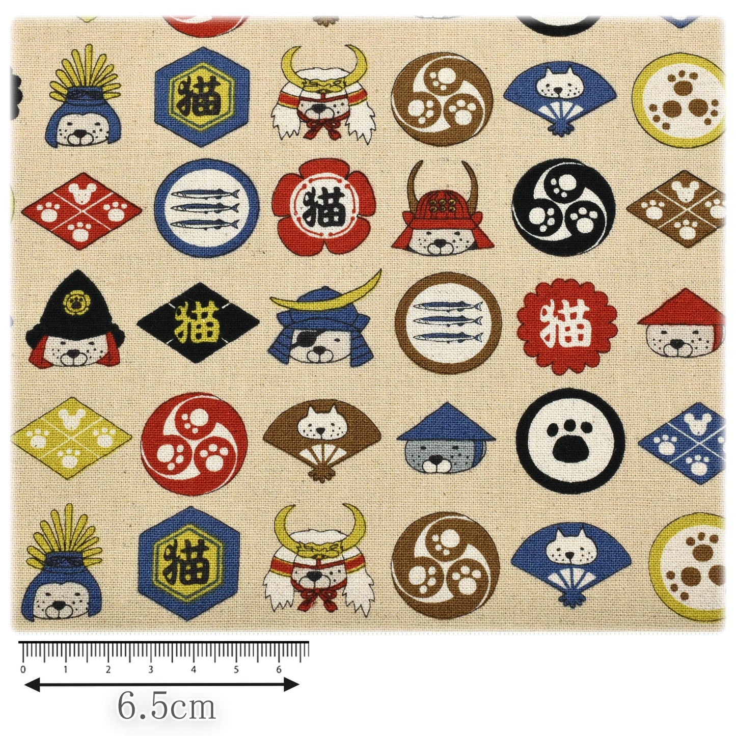 家紋と武者猫綿麻キャンバス生地KTS7139コットンこばやし(30cm以上10cm単位切り売り)
