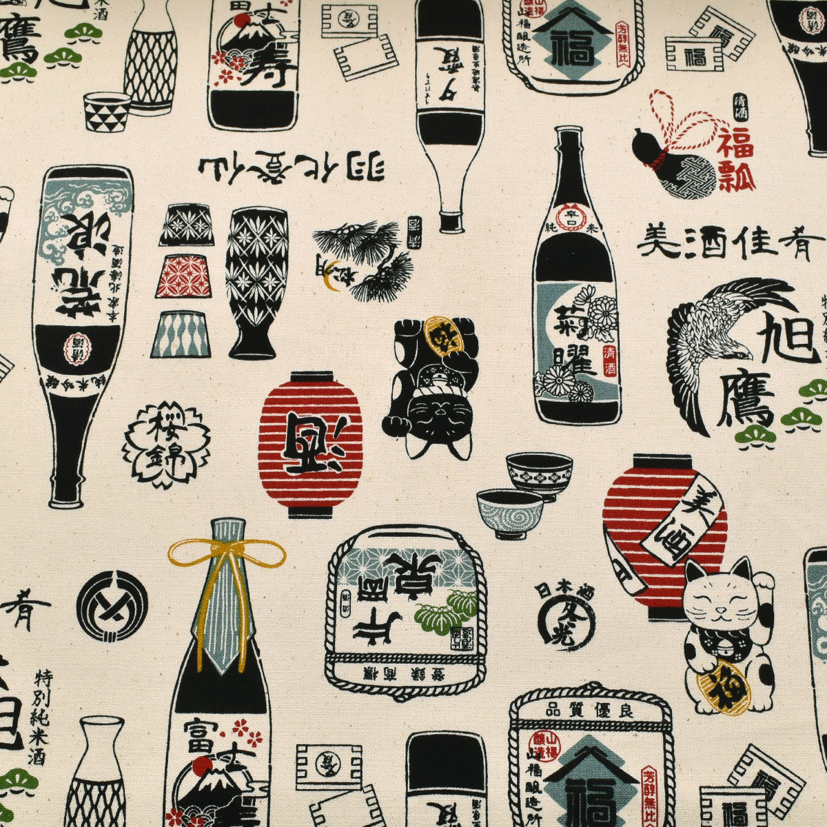 和風な日本酒柄　11号帆布生地　AP61802-2　コスモ　(30cm以上10cm単位切り売り)