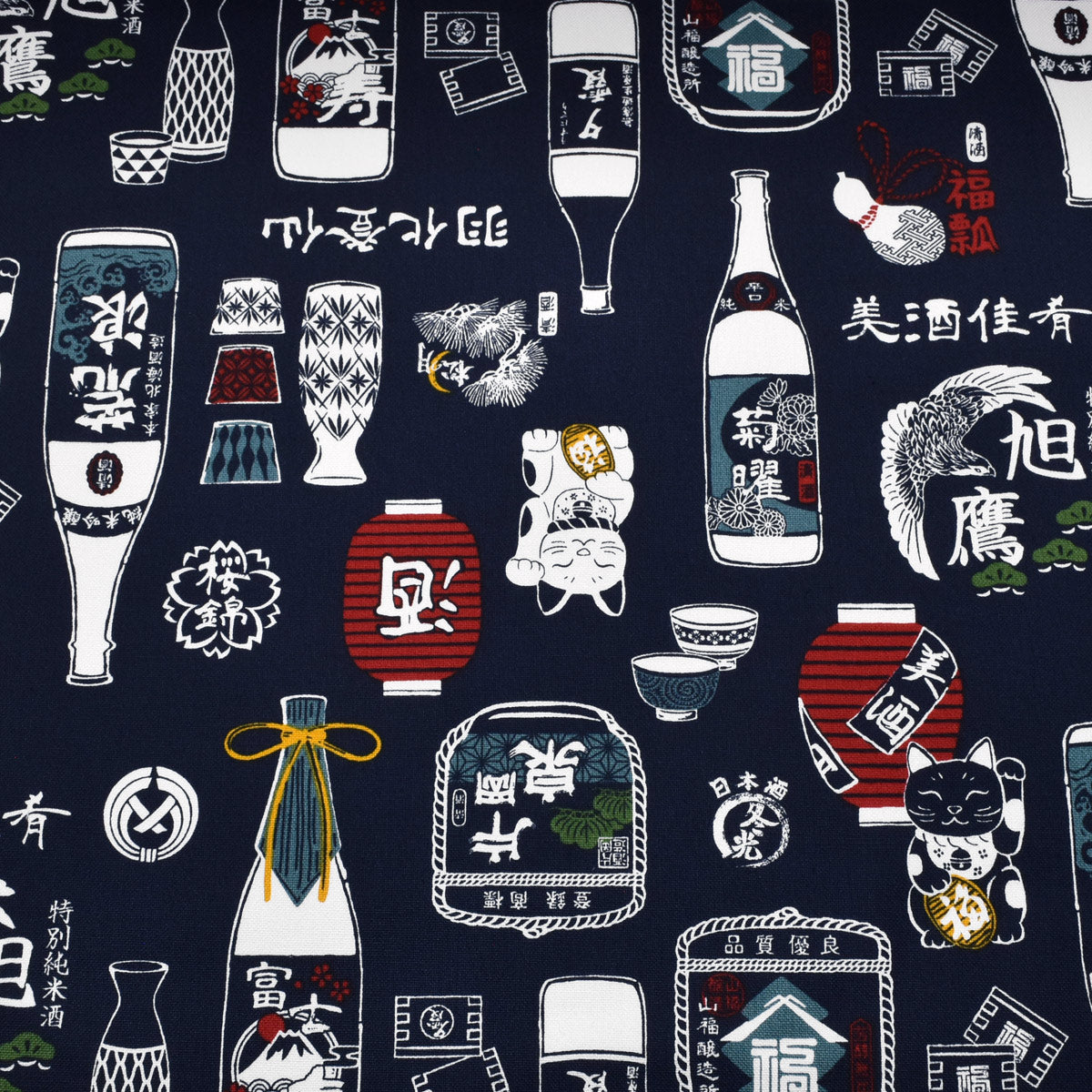 和風な日本酒柄　11号帆布生地　AP61802-2　コスモ　(30cm以上10cm単位切り売り)