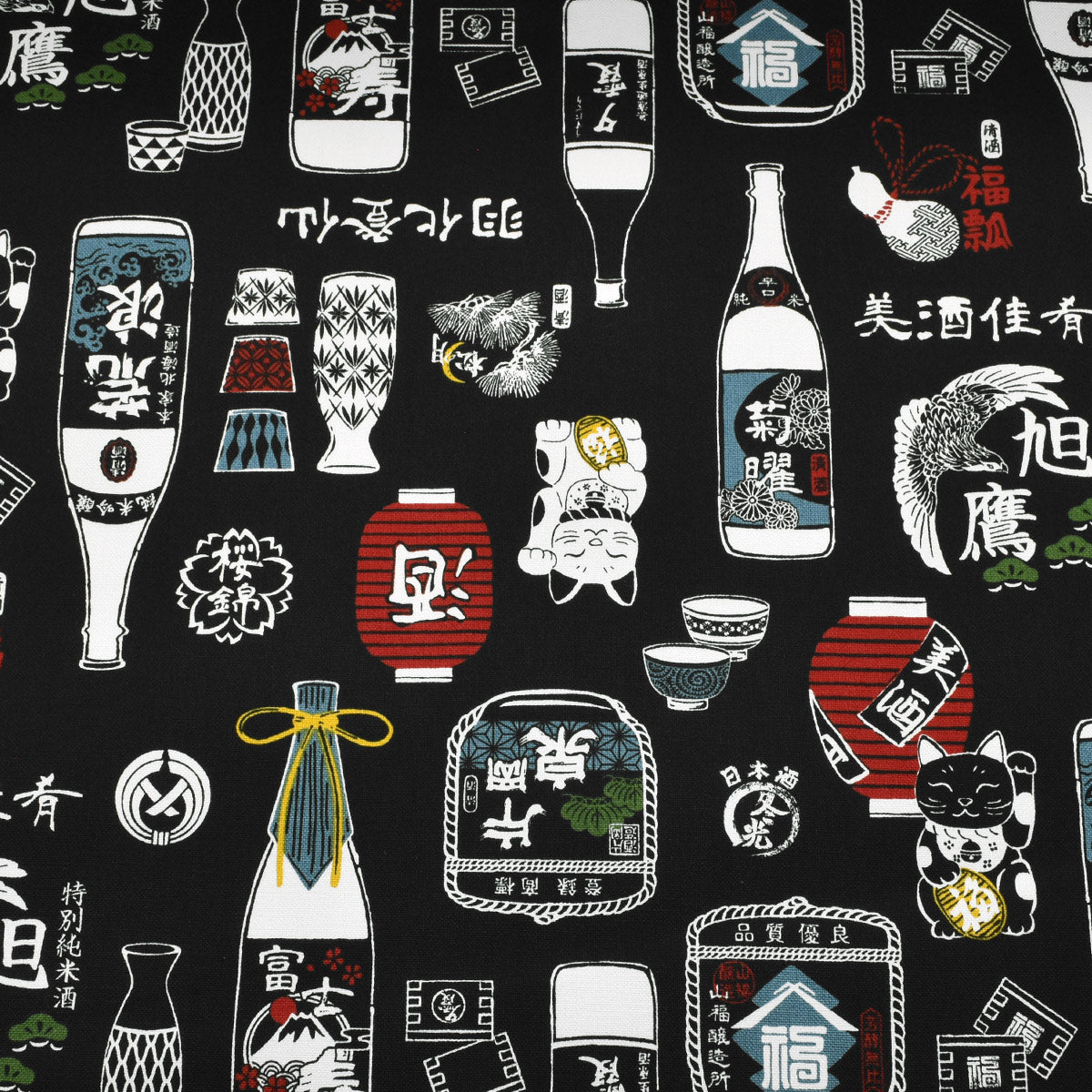 和風な日本酒柄　11号帆布生地　AP61802-2　コスモ　(30cm以上10cm単位切り売り)