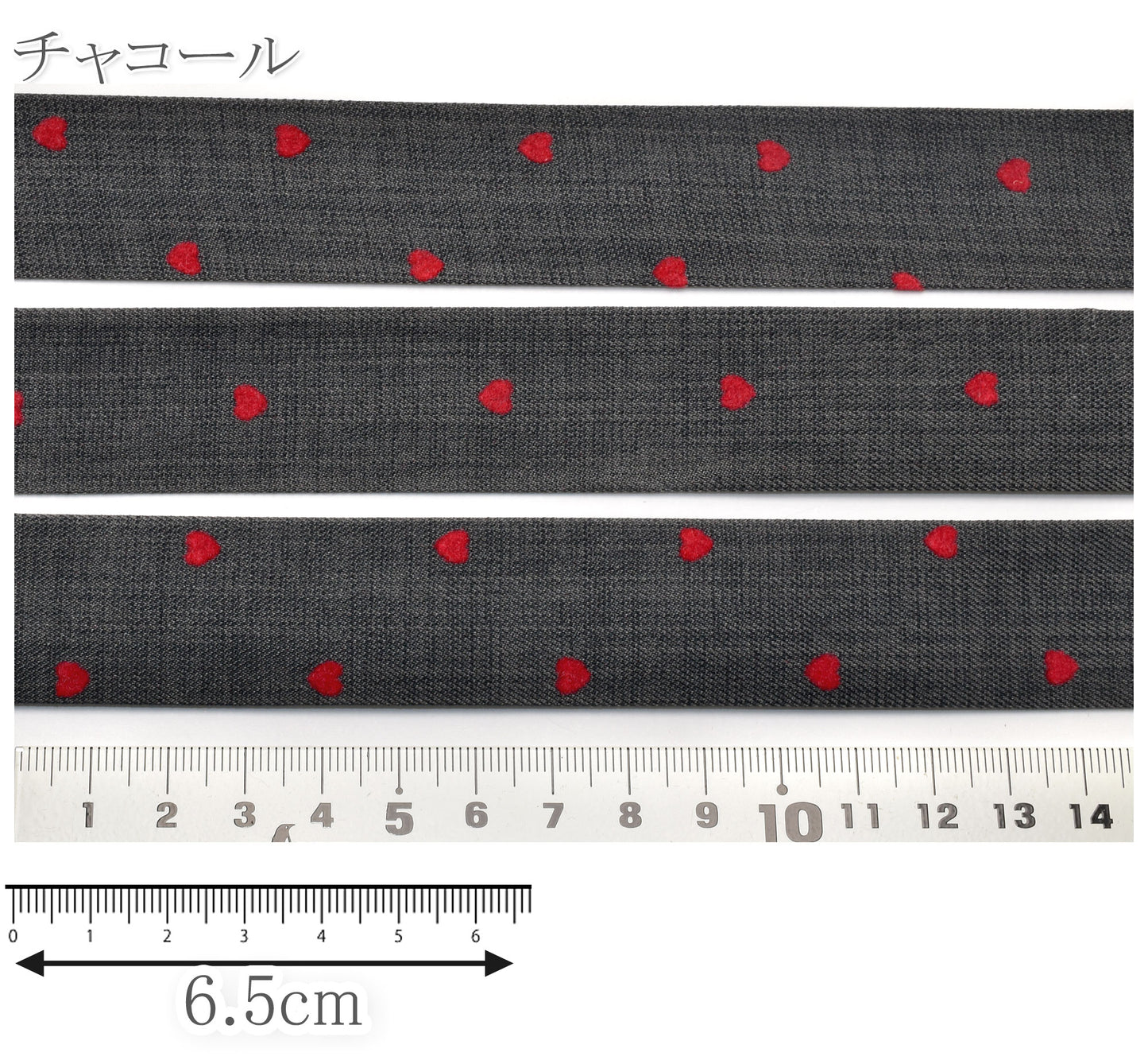 リバーシブルレッドフロッキーハート柄リボン幅25mm1m単位切り売り