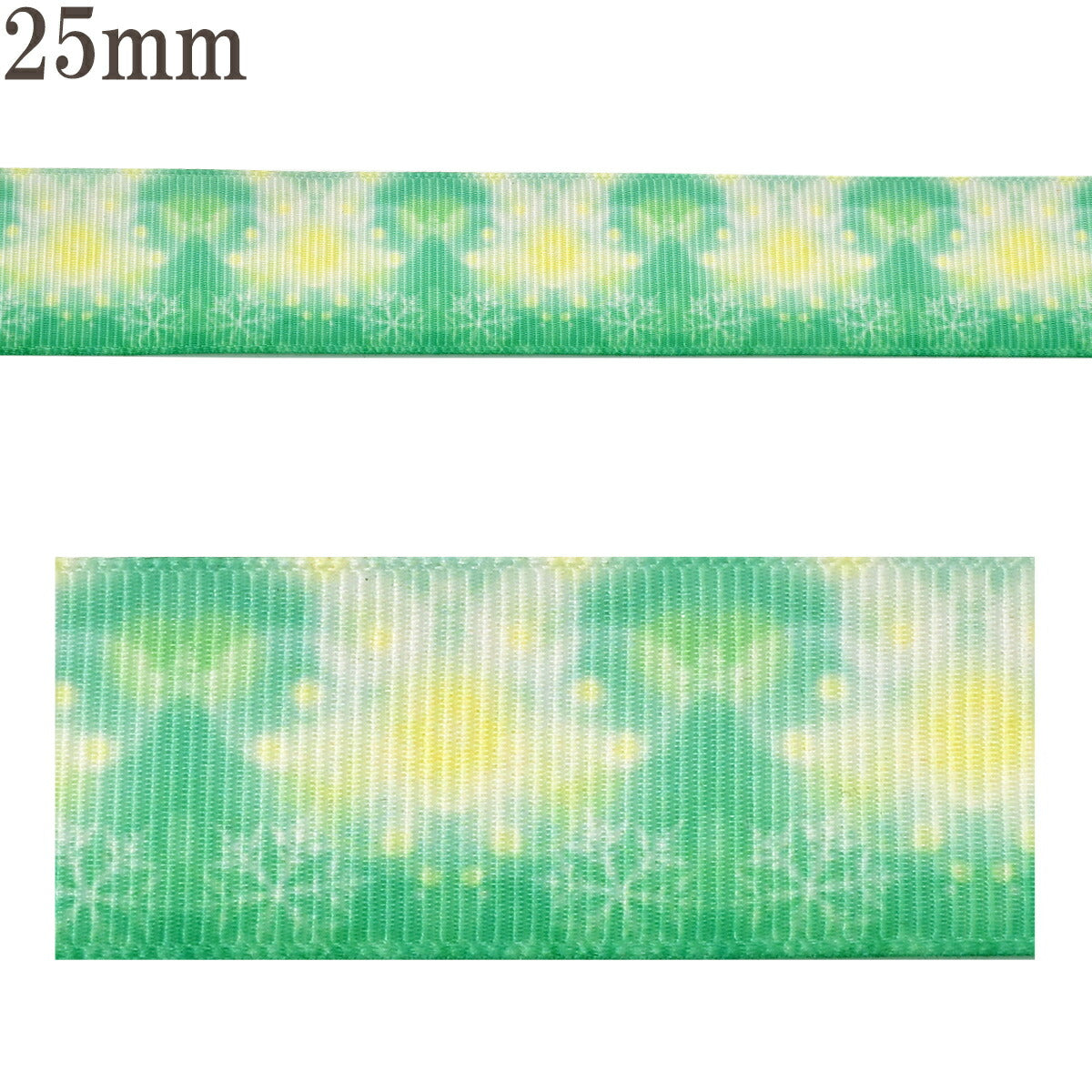 プリントリボンウィスプと雪のグリーンリボン幅25mm1m単位切り売り(3m以上)