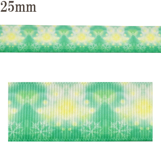 プリントリボンウィスプと雪のグリーンリボン幅25mm1m単位切り売り(3m以上)