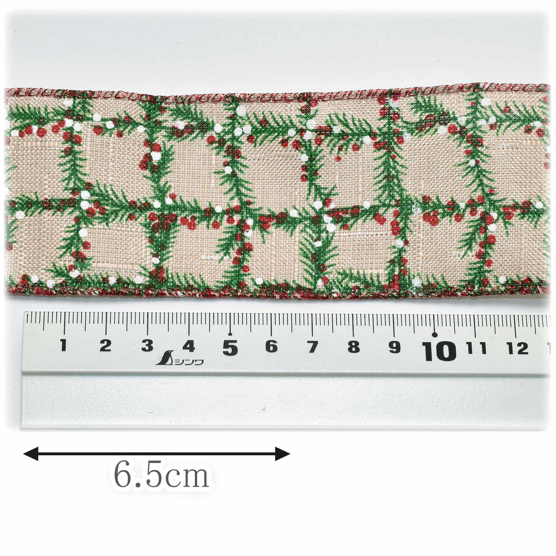 ラメ入りヒイラギチェックのリネン風リボン幅50mm1m単位切り売り(2m以上)