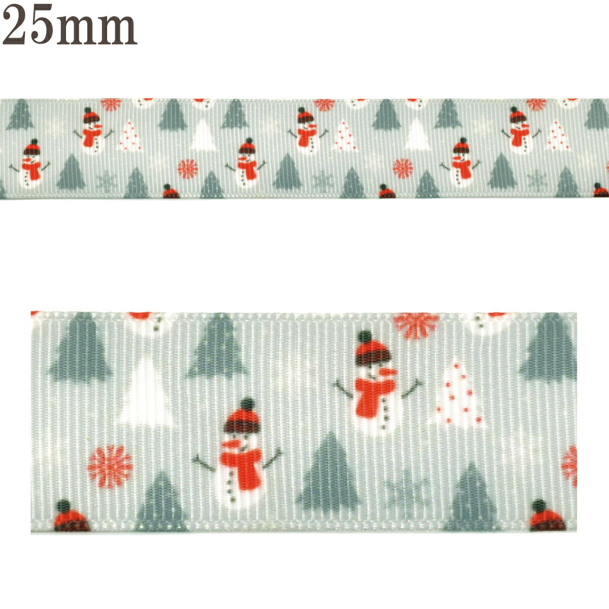 プリントリボングレーなクリスマスツリーと雪だるまリボン幅25mm1m単位切り売り(3m以上)