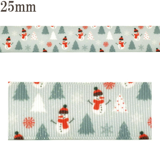 プリントリボングレーなクリスマスツリーと雪だるまリボン幅25mm1m単位切り売り(3m以上)