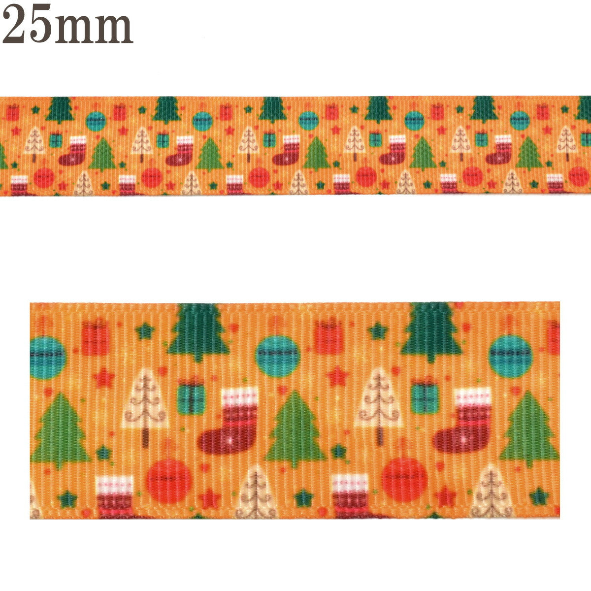 プリントリボンオレンジPOPなミニミニクリスマスリボン幅25mm1m単位切り売り(3m以上)
