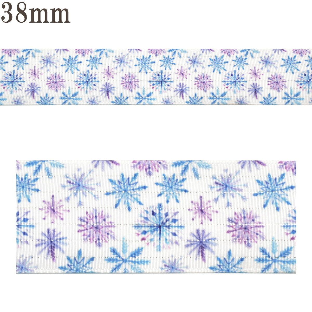 プリントリボンラメ糸ボーダーとツートン雪の結晶リボン幅38mm1m単位切り売り(2m以上)