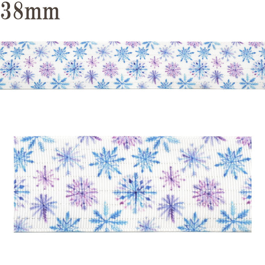 プリントリボンラメ糸ボーダーとツートン雪の結晶リボン幅38mm1m単位切り売り(2m以上)