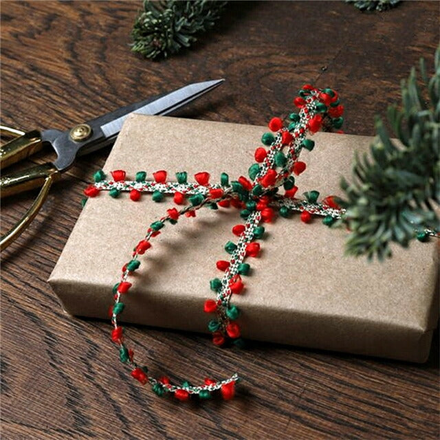 クリスマスカラーのループボンボンリボン幅12mmロール巻き約4.5m