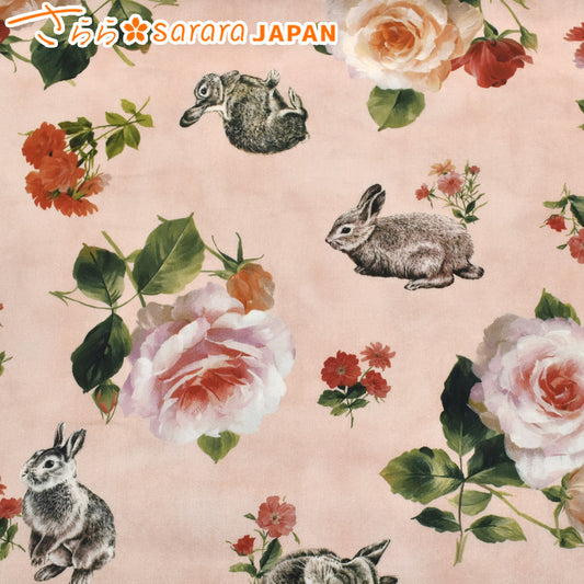 うさぎとバラBピンク系シーチング生地DPJ-150-Bさらら（217）(30cm以上10cm単位切り売り)「在庫限り」