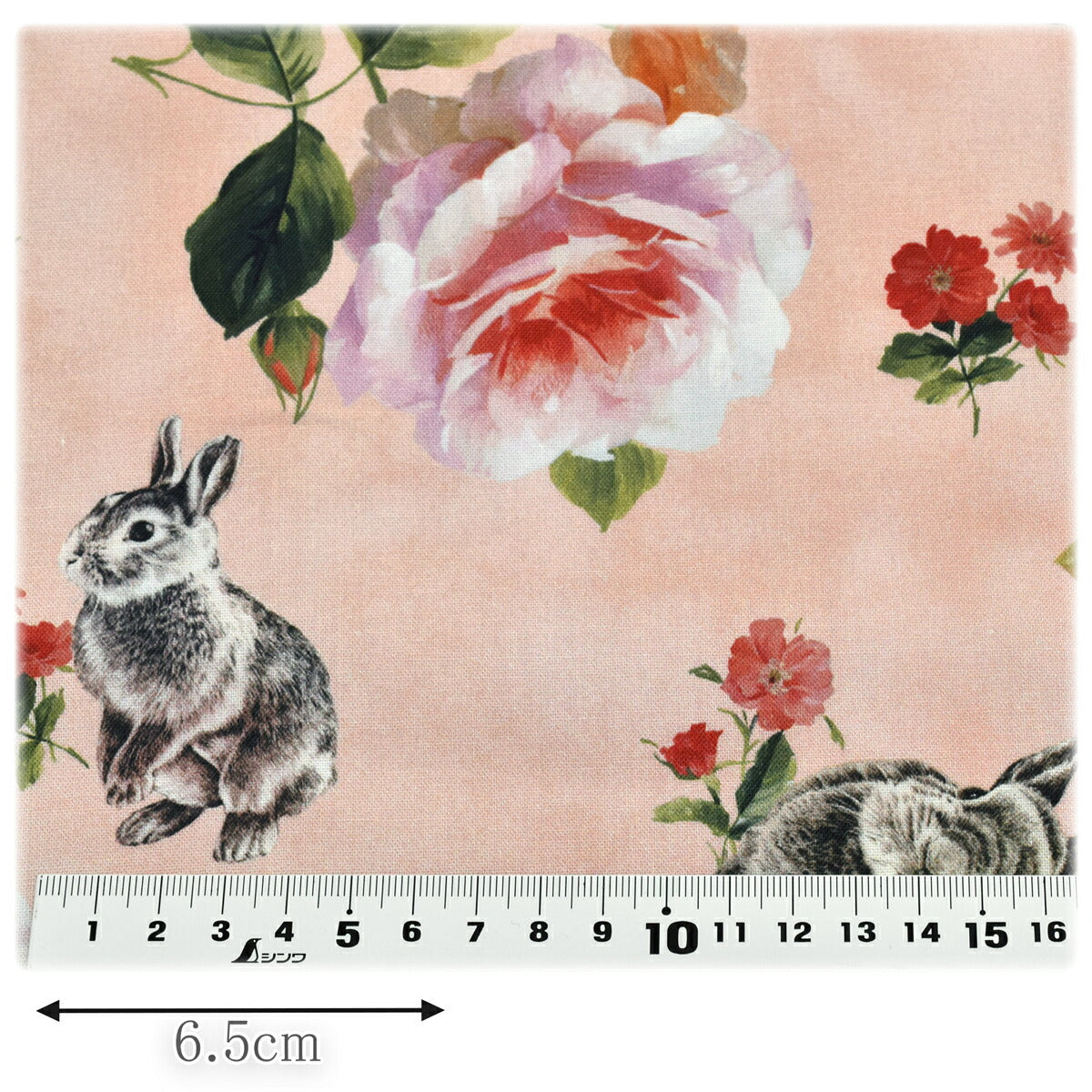 うさぎとバラBピンク系シーチング生地DPJ-150-Bさらら（217）(30cm以上10cm単位切り売り)「在庫限り」