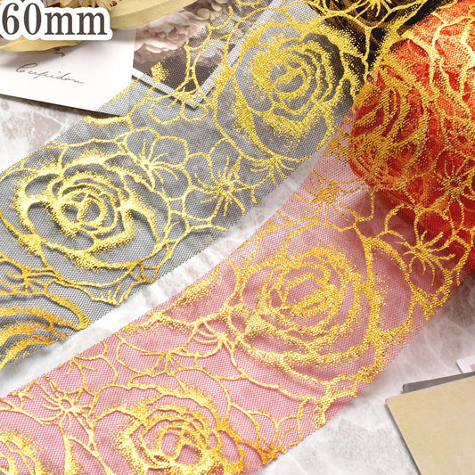 箔押しゴールド薔薇のチュールリボン幅60mm2m
