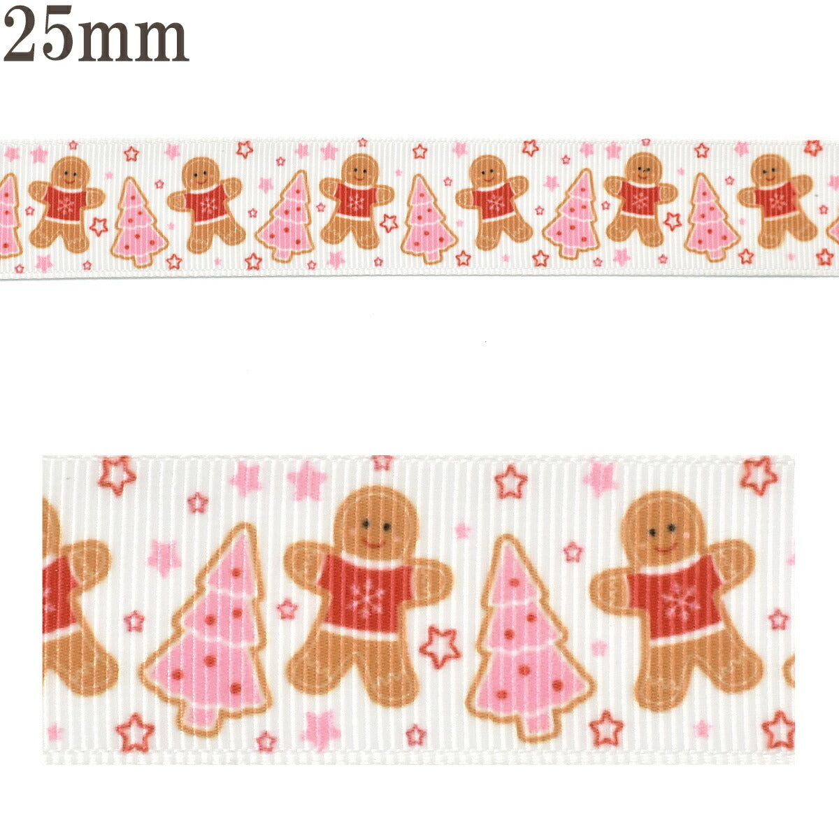 プリントリボンピンクのツリーと人型クッキーリボン幅25mm1m単位切り売り(3m以上)