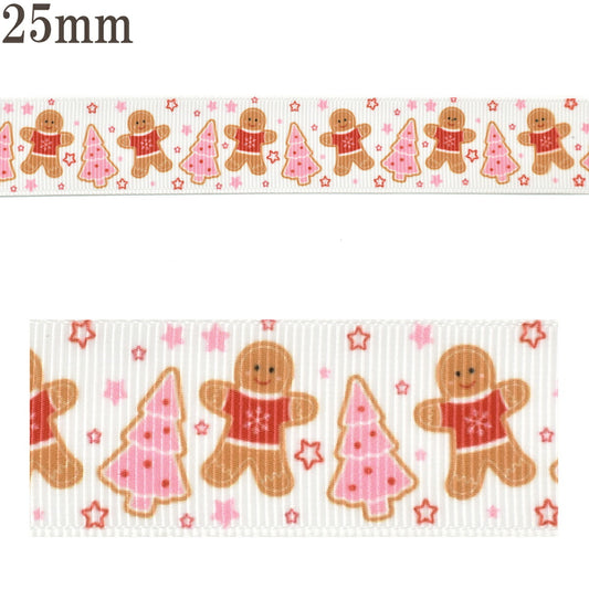 プリントリボンピンクのツリーと人型クッキーリボン幅25mm1m単位切り売り(3m以上)