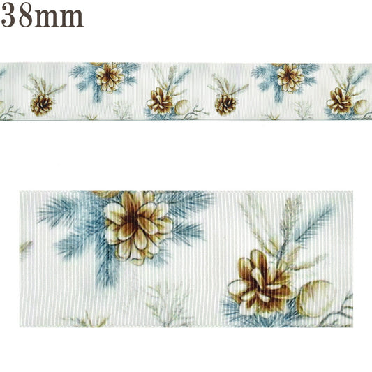 プリントリボンくすみカラーの松ぼっくりリボン幅38mm1m単位切り売り(2m以上)