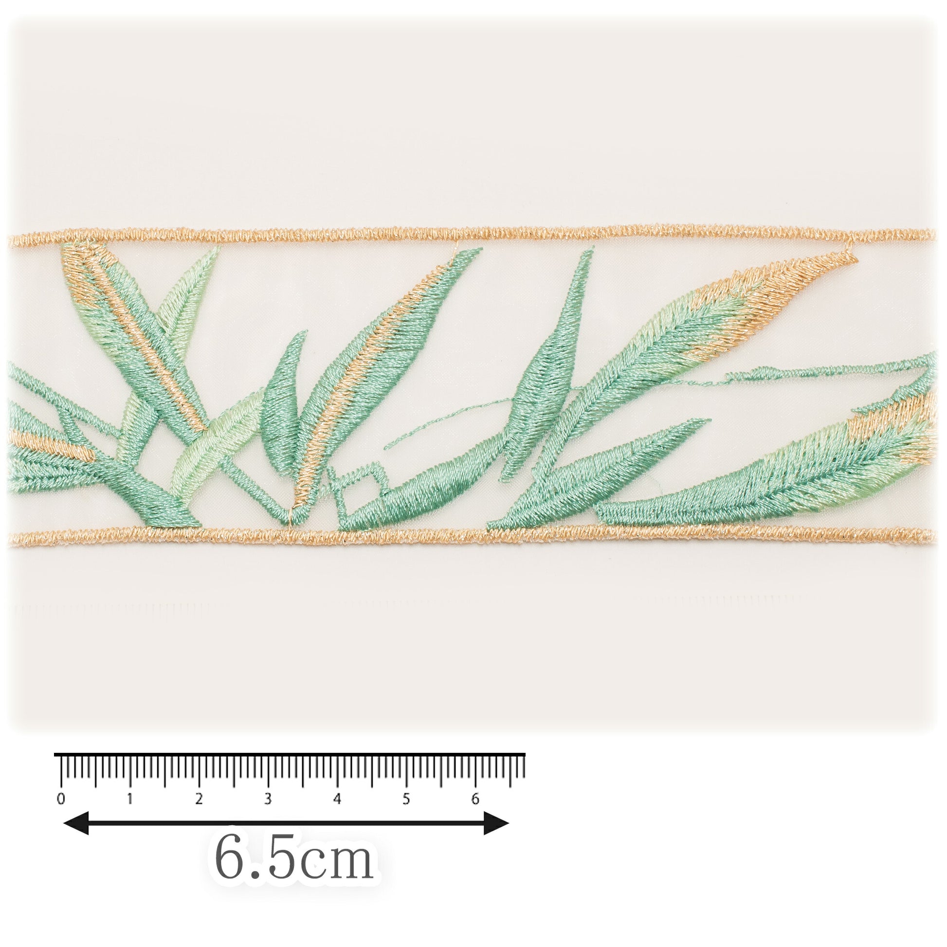 ラメ入り笹の葉の刺繍リボン幅50mm10cm単位切り売り(40cm以上)