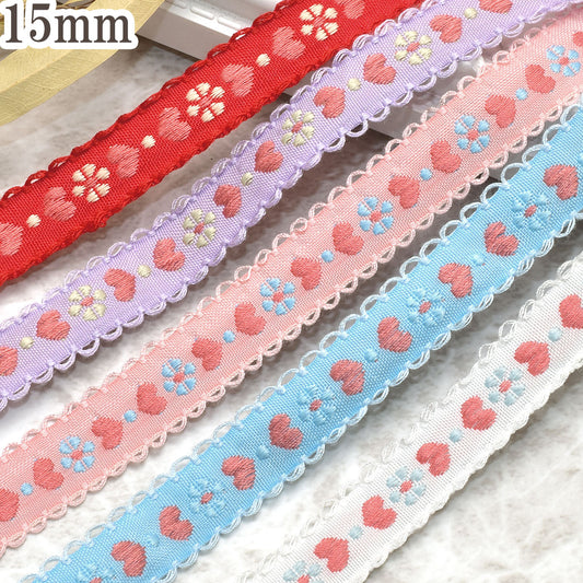 ハートとお花のかわいいチロリアンテープ幅15mmロール巻き約4.5m