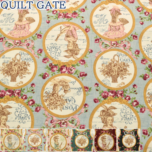 バラとメダリオンシーチング生地RU2510-13コスモ(30cm以上10cm単位切り売り)「在庫限り」